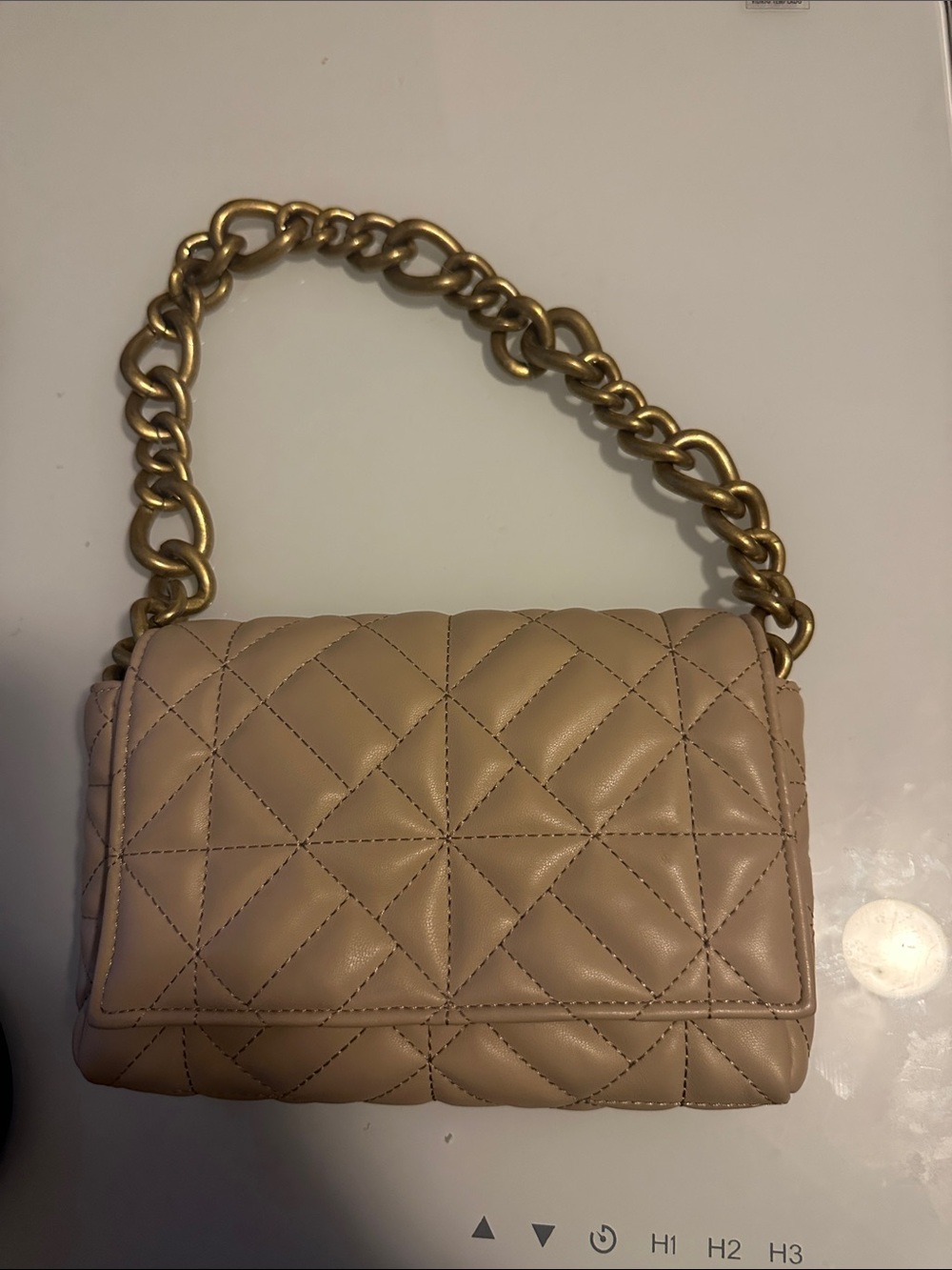Zara Quilted Beige Shoulder Bag with Gold Chain Strap